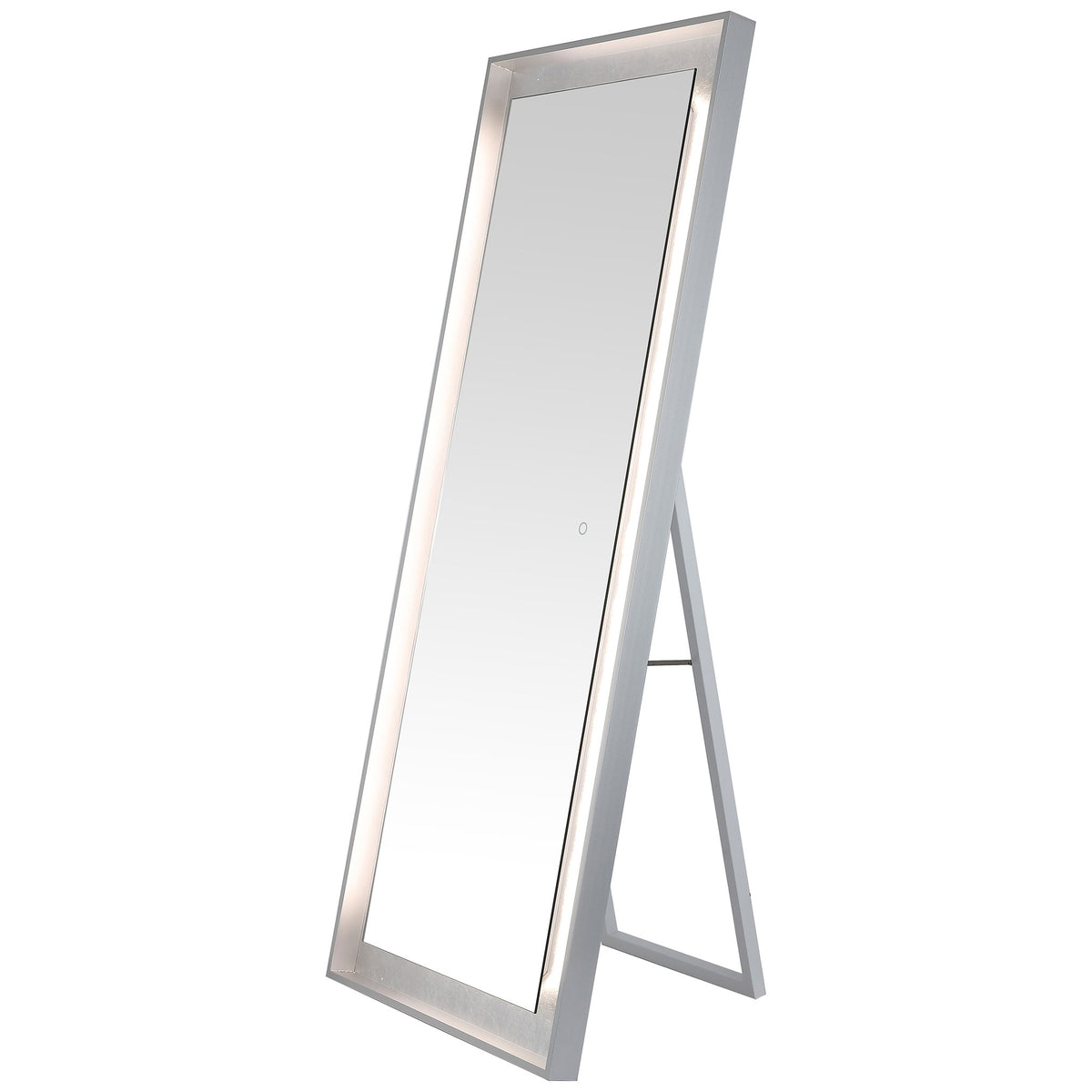 Gentle white lighting accents the textured silver leaf border and slim freestanding frame. || LMR1015A || front_angle_on_studio
