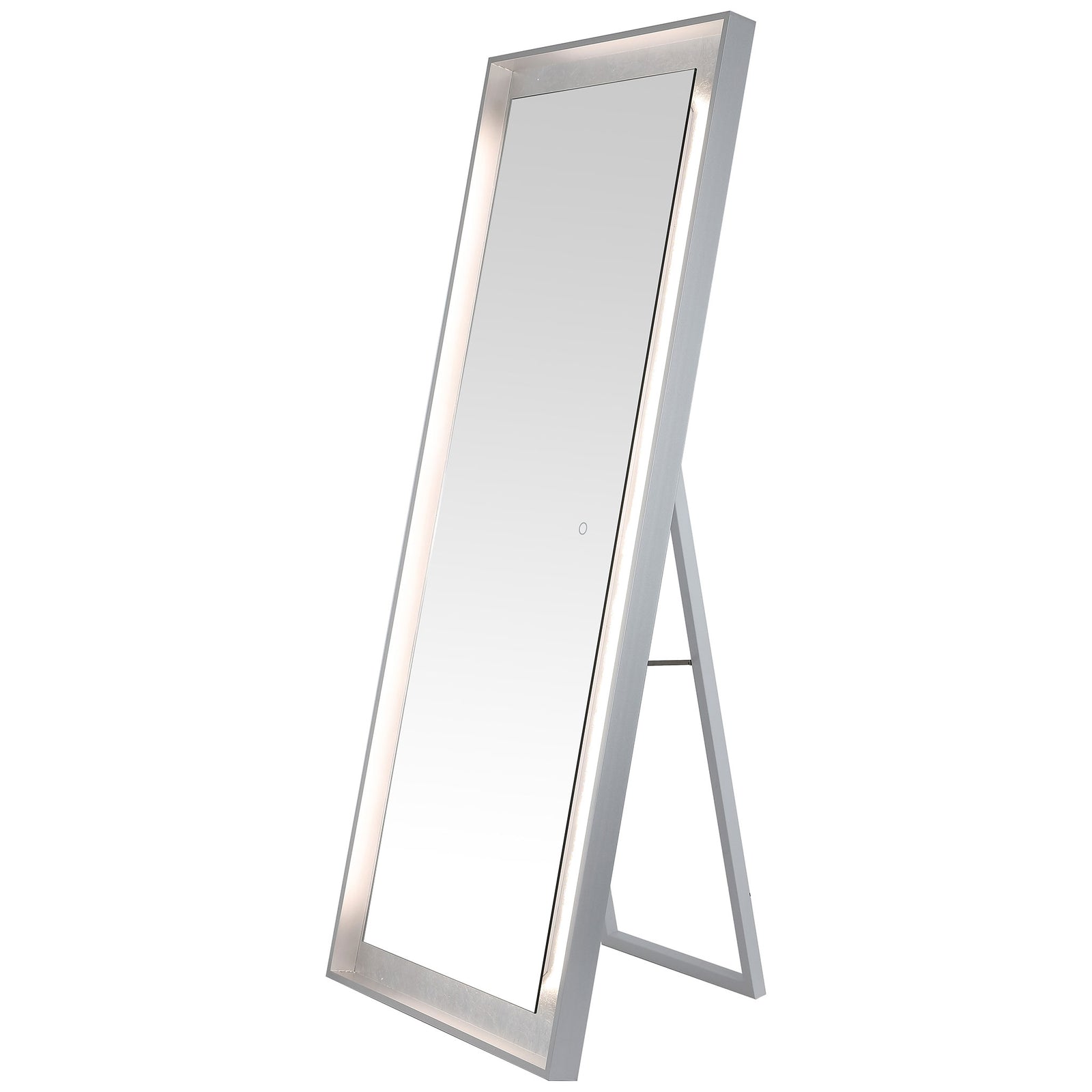 Gentle white lighting accents the textured silver leaf border and slim freestanding frame. || LMR1015A || front_angle_on_studio