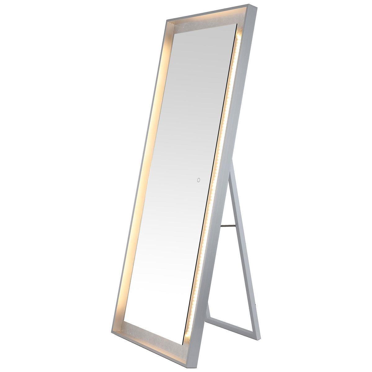 A warm glow runs along the mirror's silver leaf surround, with a rear stand keeping it upright. || LMR1015A || front_angle_on_studio