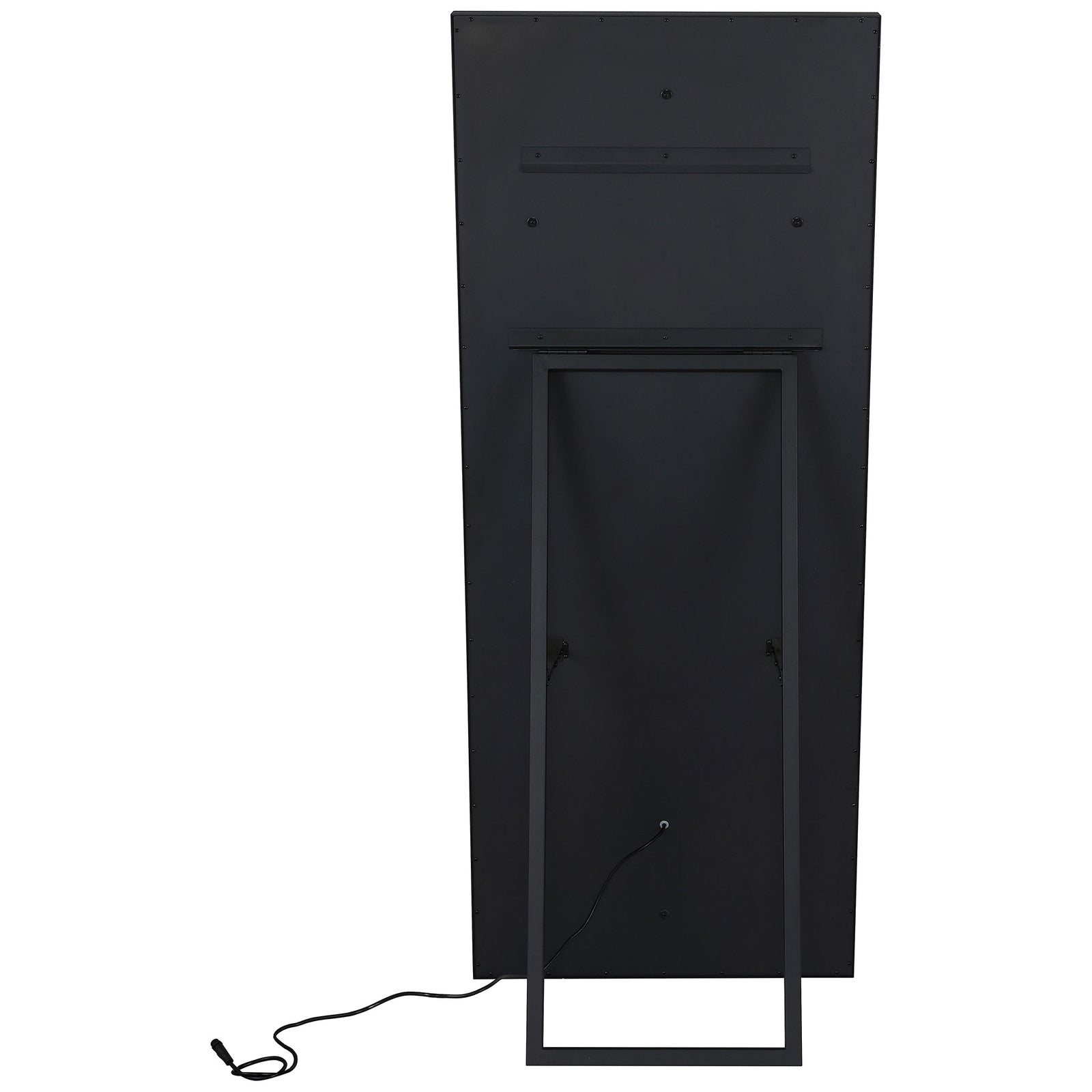 A black back panel, rectangular support and power cord equip this freestanding LED mirror. || LMR1015B || back_studio