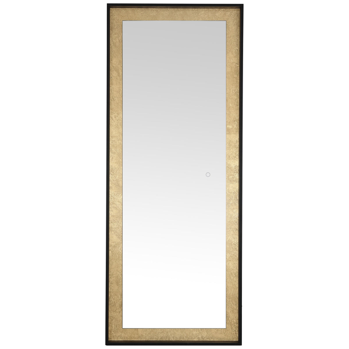 A tall mirror pairs textured gold leaf trim with a slim black frame and a discreet touch control. || LMR1015B || front_studio