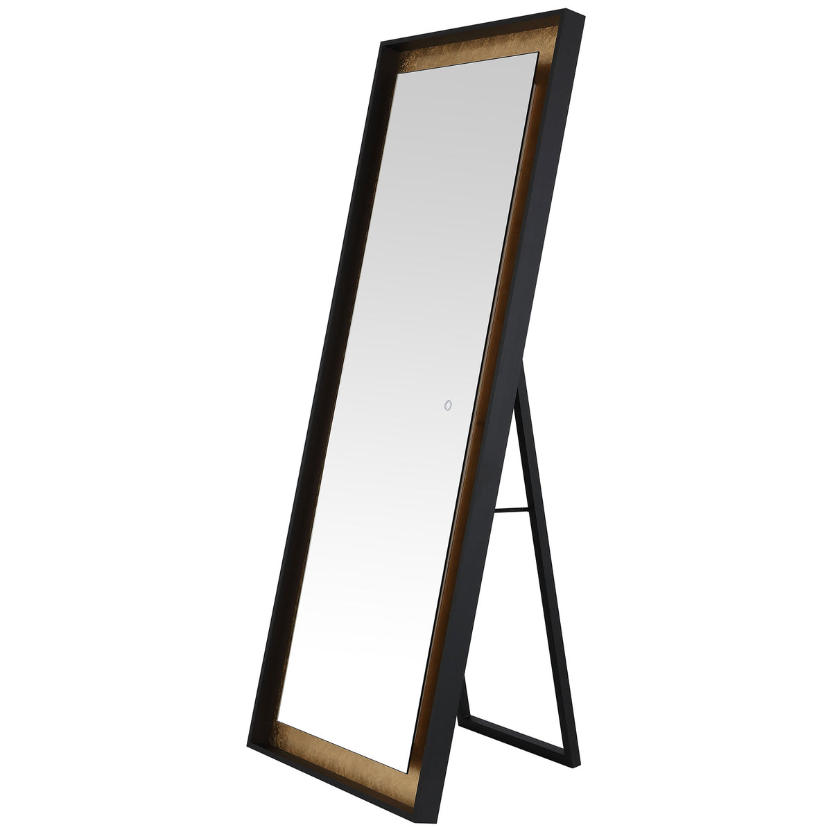 A slim black frame surrounds the mirror, while gold leaf trim and a rear stand add warmth and support. || LMR1015B || front_angle_studio