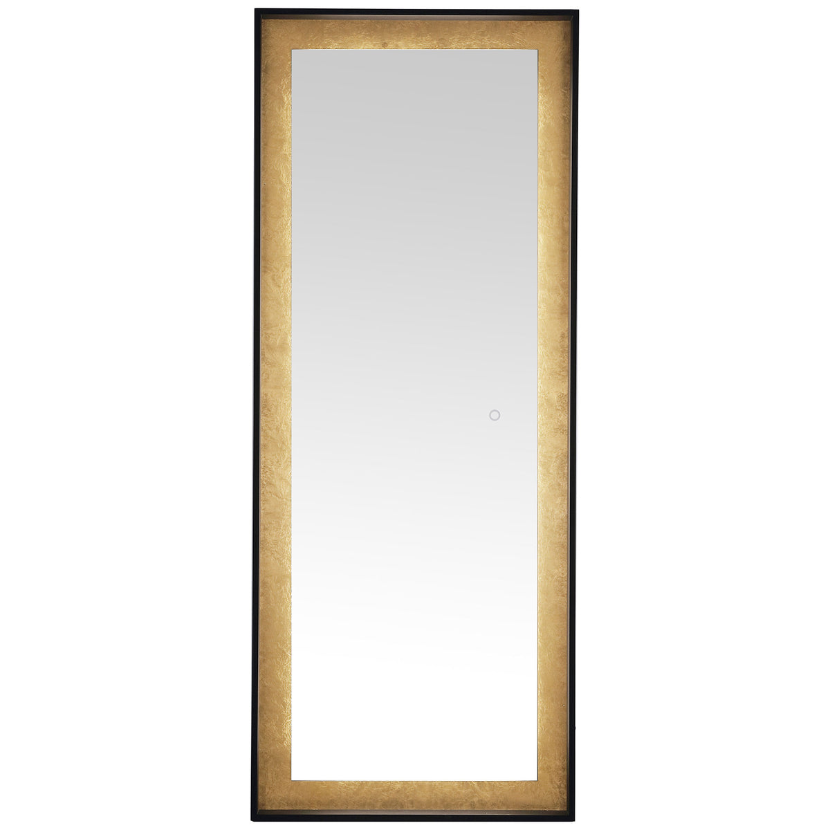 Soft LED light traces the inner edge of the gold leaf border around this full-length mirror. || LMR1015B || front_on_studio