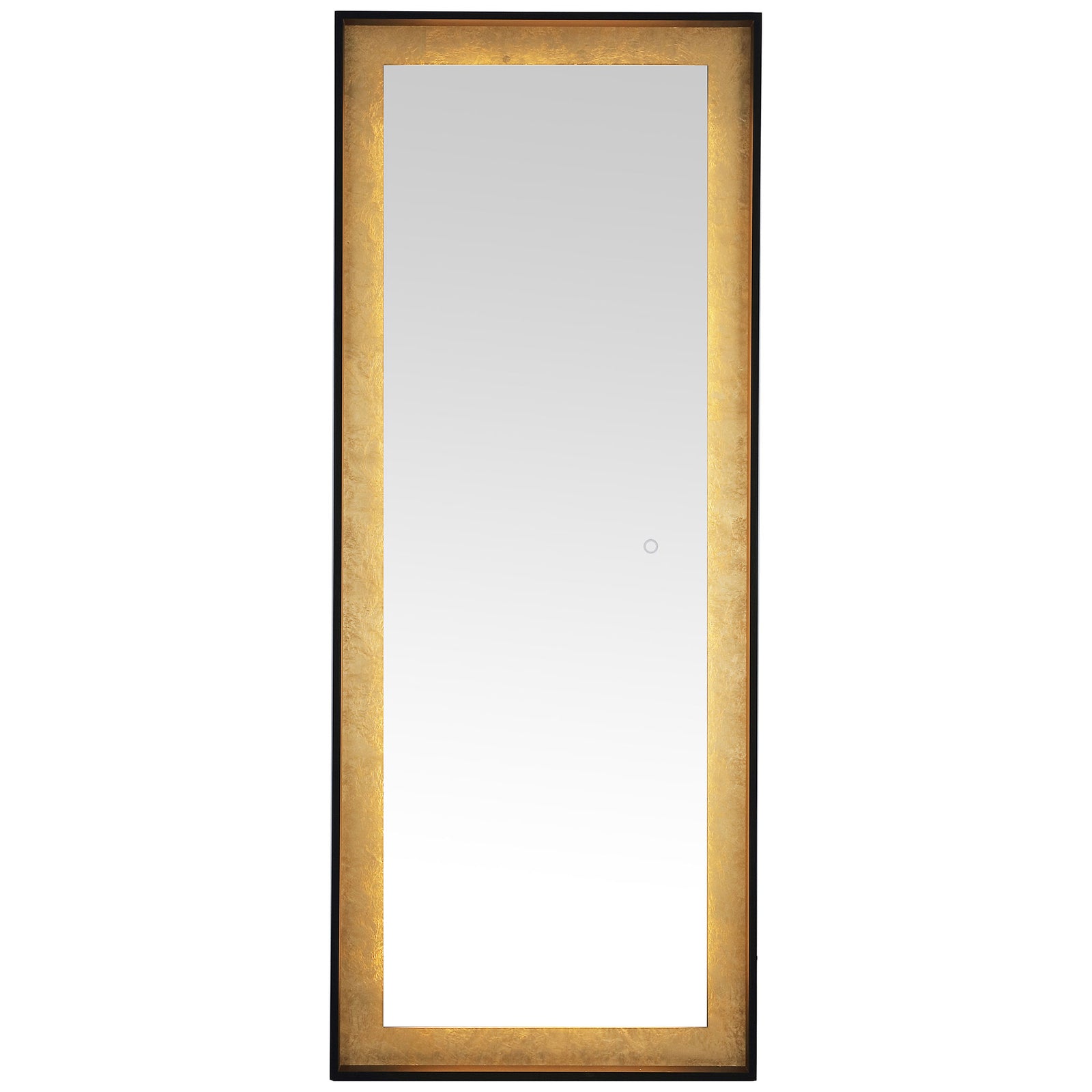 Rich golden light highlights the mirror's leaf-textured trim inside a slim black frame. || LMR1015B || front_on_studio