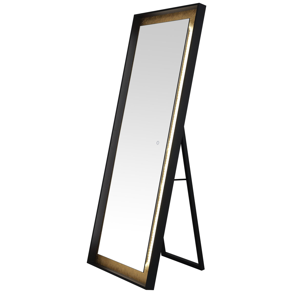 LED lighting brightens the mirror's edge above a sturdy black easel-style stand. || LMR1015B || front_angle_on_studio