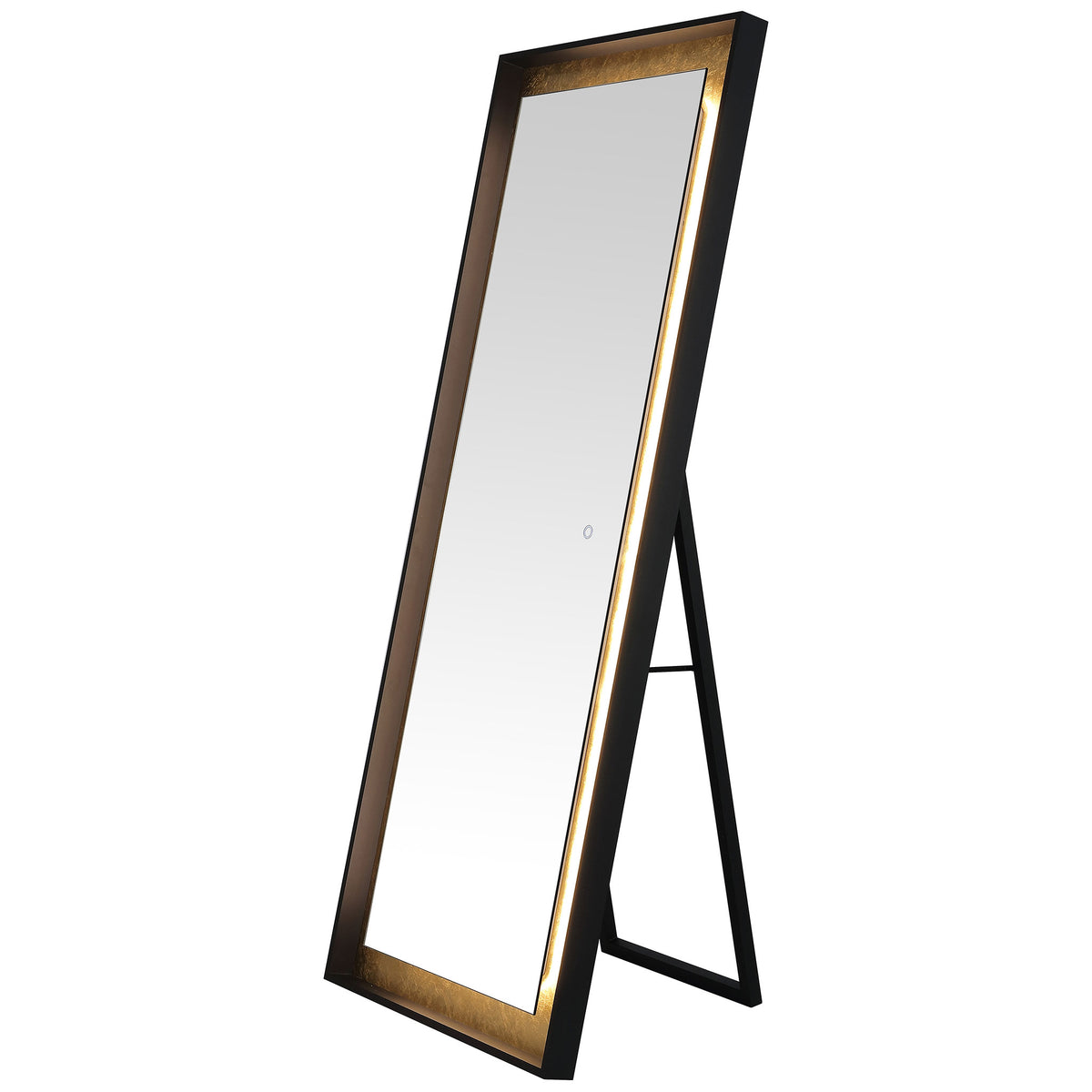 A warm light band outlines the reflective glass, set within black framing and gold leaf trim. || LMR1015B || front_angle_on_studio