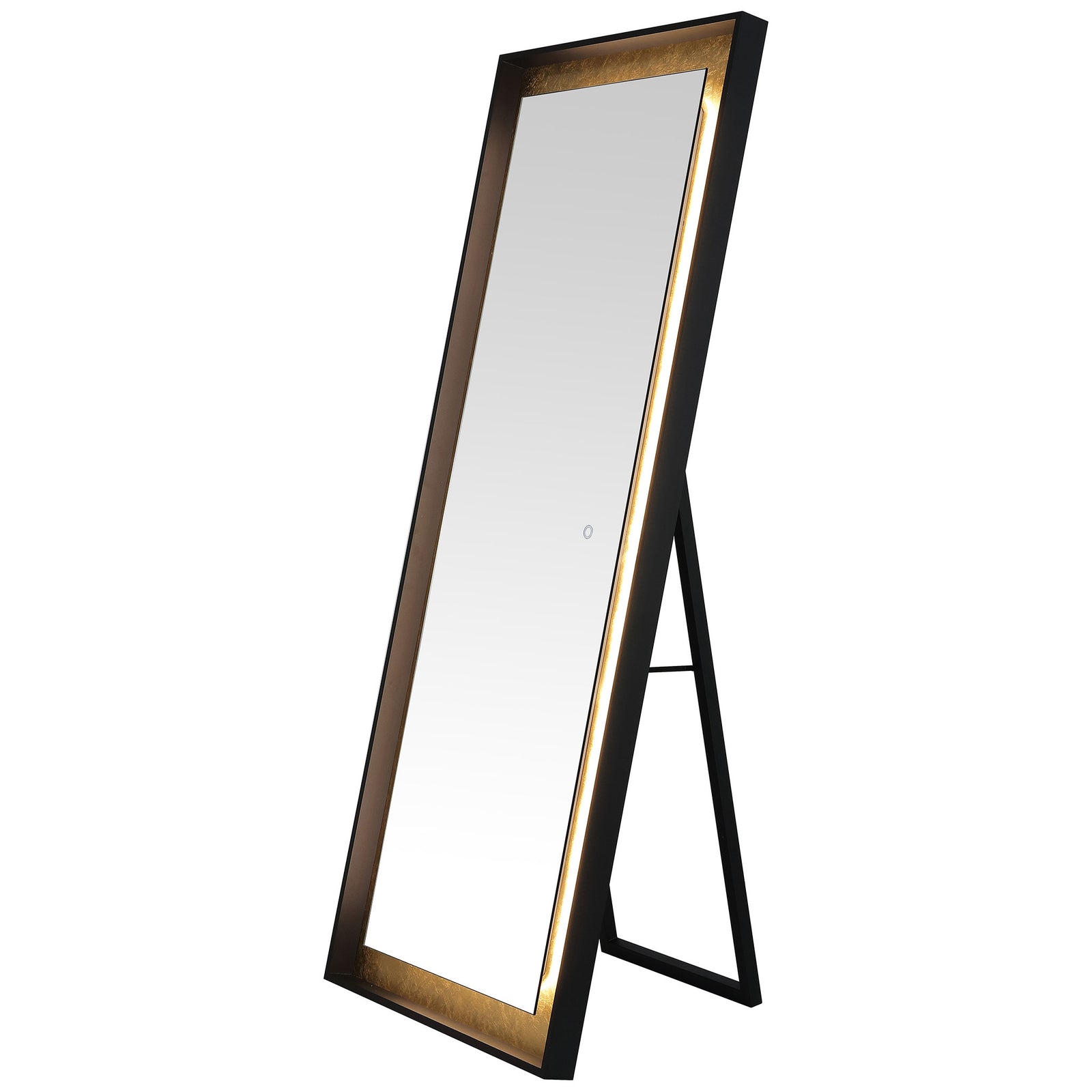 A warm light band outlines the reflective glass, set within black framing and gold leaf trim. || LMR1015B || front_angle_on_studio