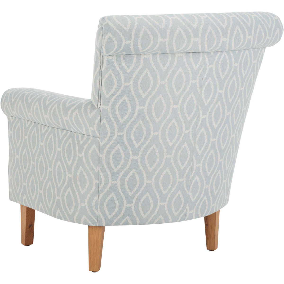 Elegant rolled back and slim arms wrapped in light blue trellis weave, set on sturdy wood legs || MCR1002G || back_angle_studio