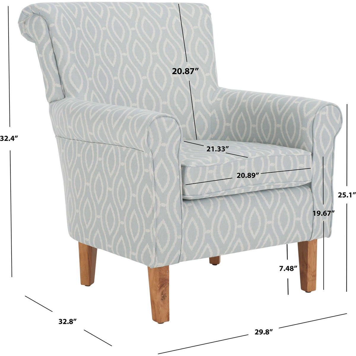Comfortable club chair with supportive arms and seat, dressed in a light blue trellis fabric || MCR1002G || dimension_studio
