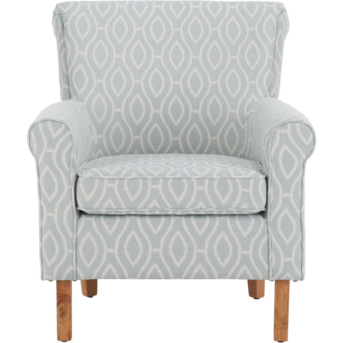 Light blue roll-arm club chair with ivory trellis upholstery and a plush seat cushion on wood legs || MCR1002G || front_studio