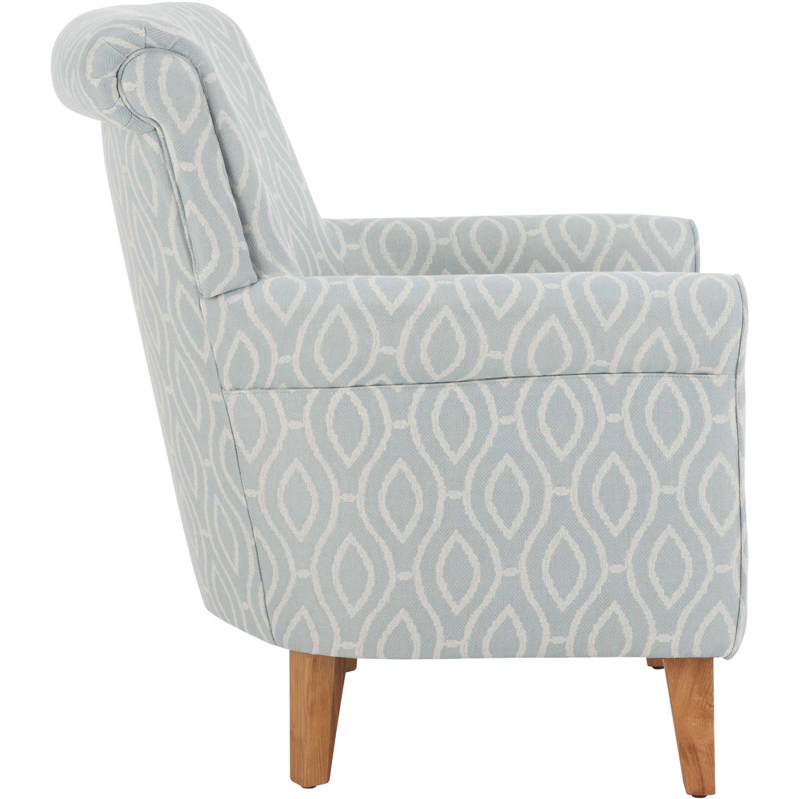 Gently sloped back and rolled arm design in light blue ivory lattice fabric, set on sturdy wood legs || MCR1002G || side_studio