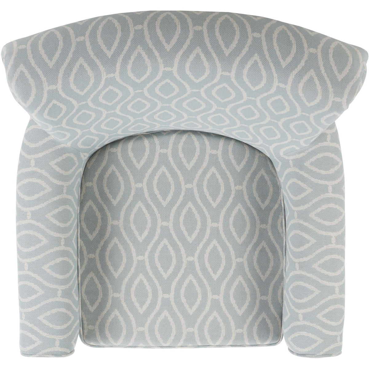 Generous seat and rounded backrest with neatly piped edges in a light blue ivory trellis pattern || MCR1002G || top_studio