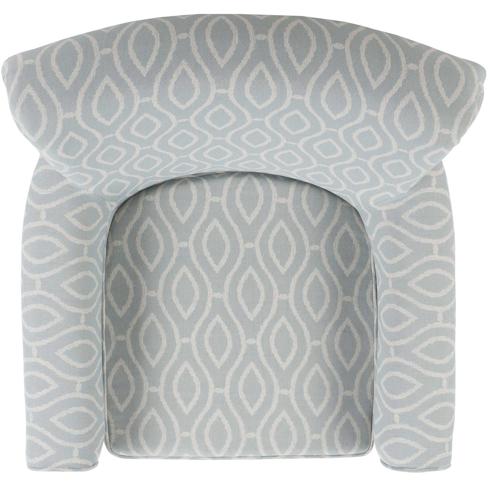 Generous seat and rounded backrest with neatly piped edges in a light blue ivory trellis pattern || MCR1002G || top_studio