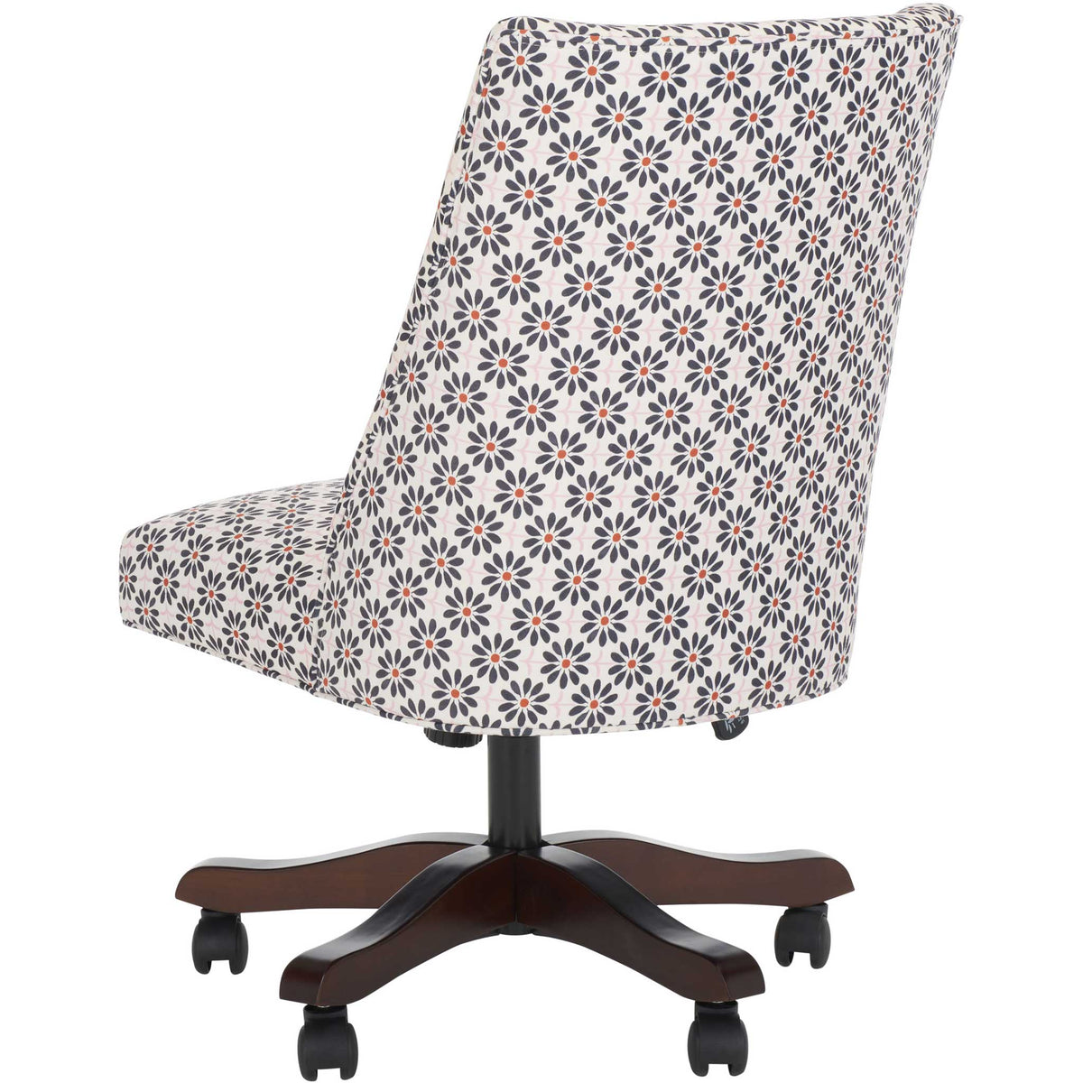 Floral calico upholstery and gently tapered back on an espresso-finished rolling base || MCR1028D || back_angle_studio