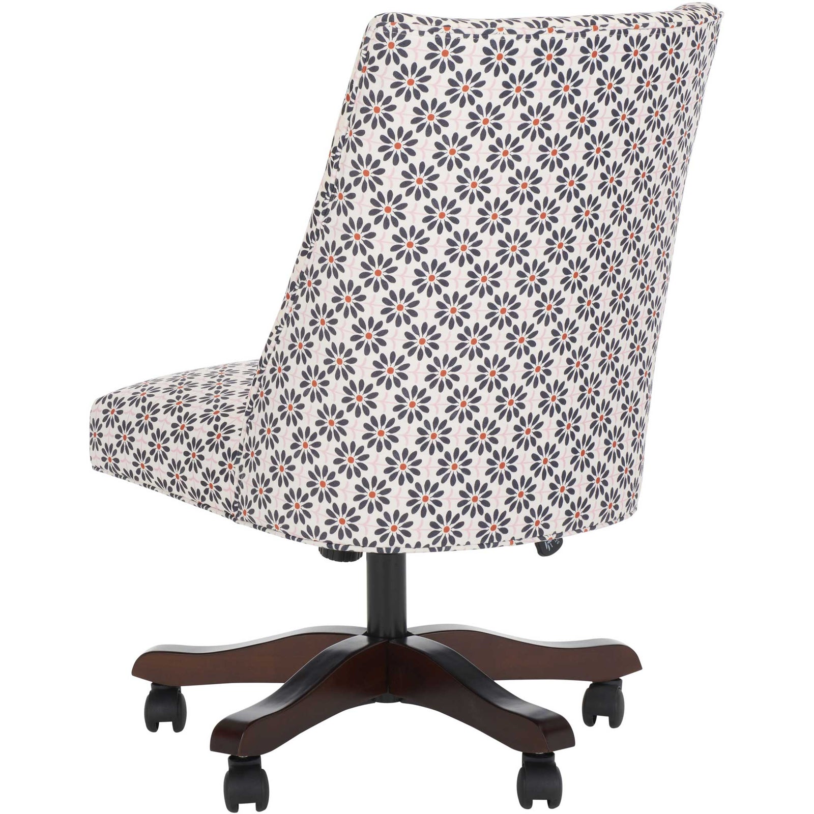 Floral calico upholstery and gently tapered back on an espresso-finished rolling base || MCR1028D || back_angle_studio