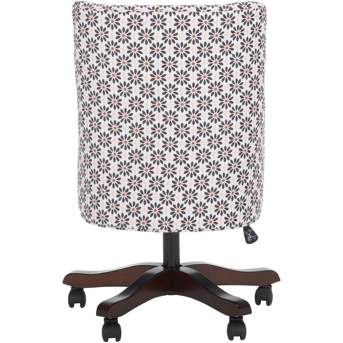 Armless desk chair in black floral on cream with supportive back and espresso 5-star base on casters || MCR1028D || back_studio