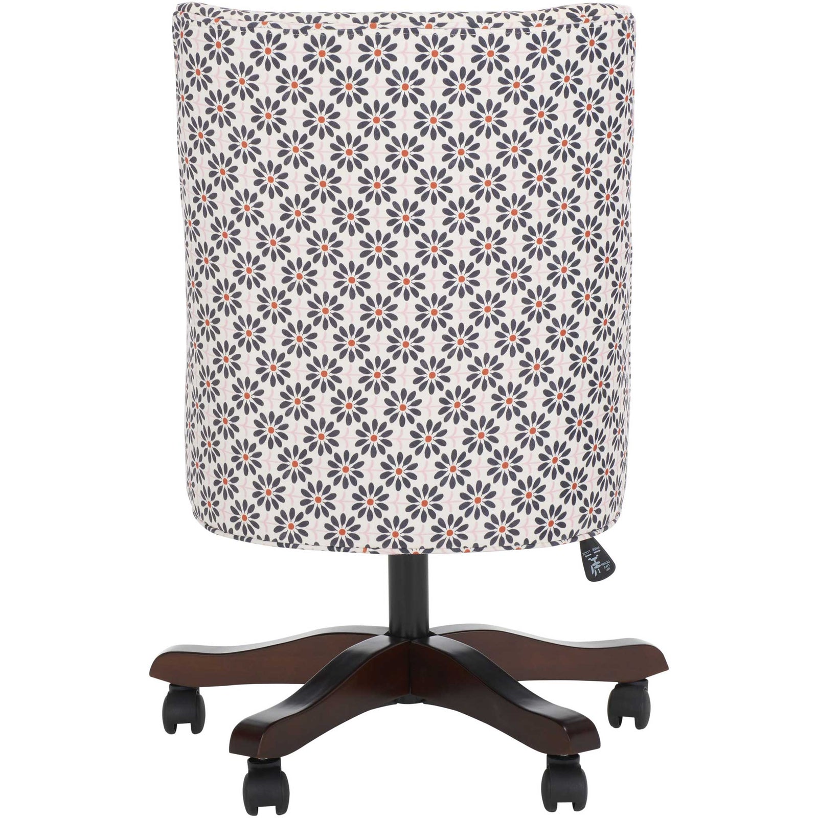 Armless desk chair in black floral on cream with supportive back and espresso 5-star base on casters || MCR1028D || back_studio