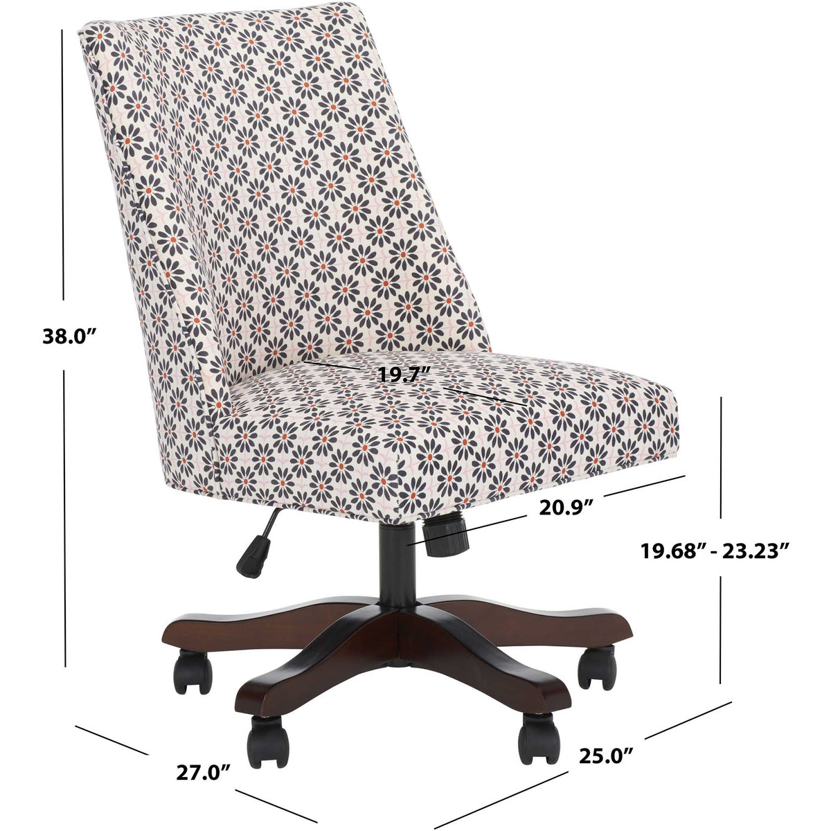 Compact armless desk chair with adjustable seat height and floral upholstery for everyday comfort