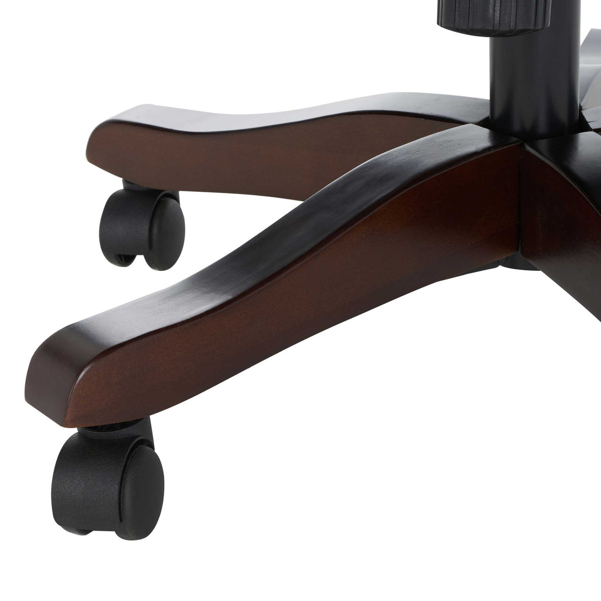 Espresso-finished wood base with gently curved legs and smooth-glide casters