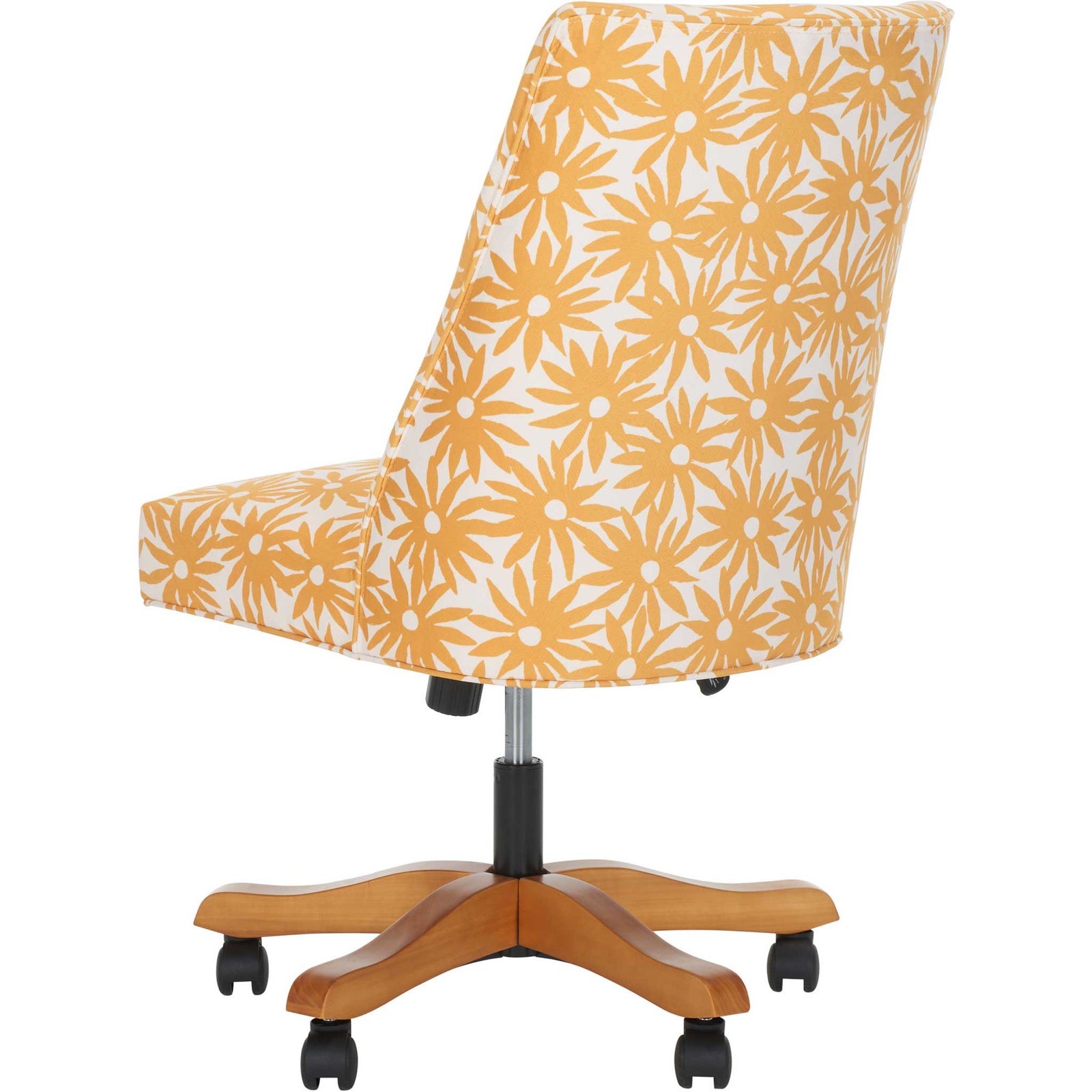 Curved backrest with sunny floral fabric and height-adjustable support on a five-point base. || MCR1028E || back_angle_studio