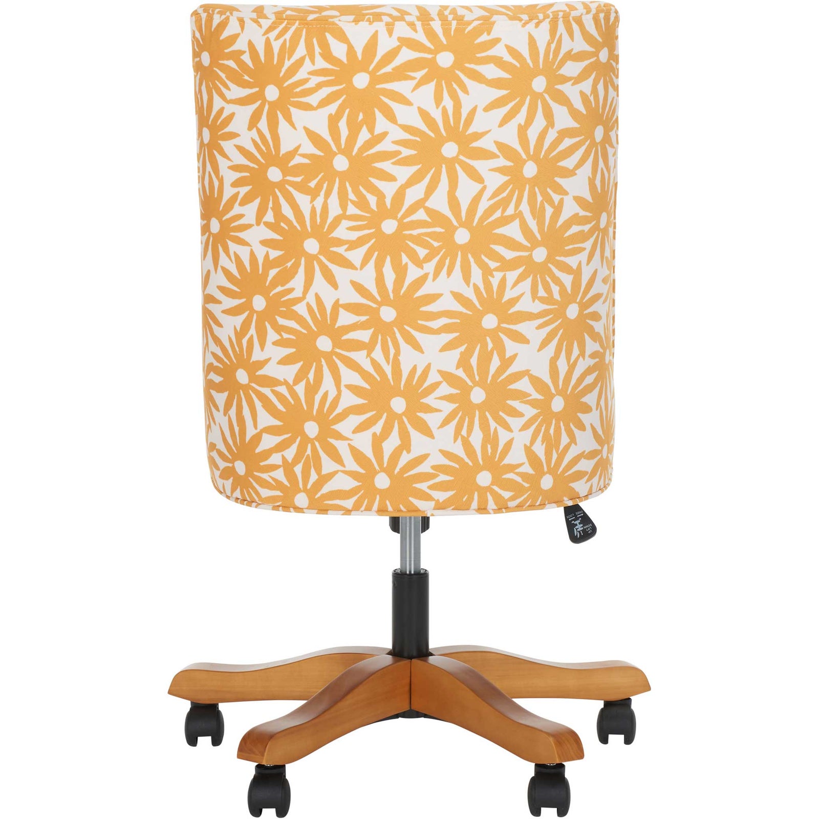 Armless task chair in cheerful yellow floral upholstery with wood base and smooth casters. || MCR1028E || back_studio