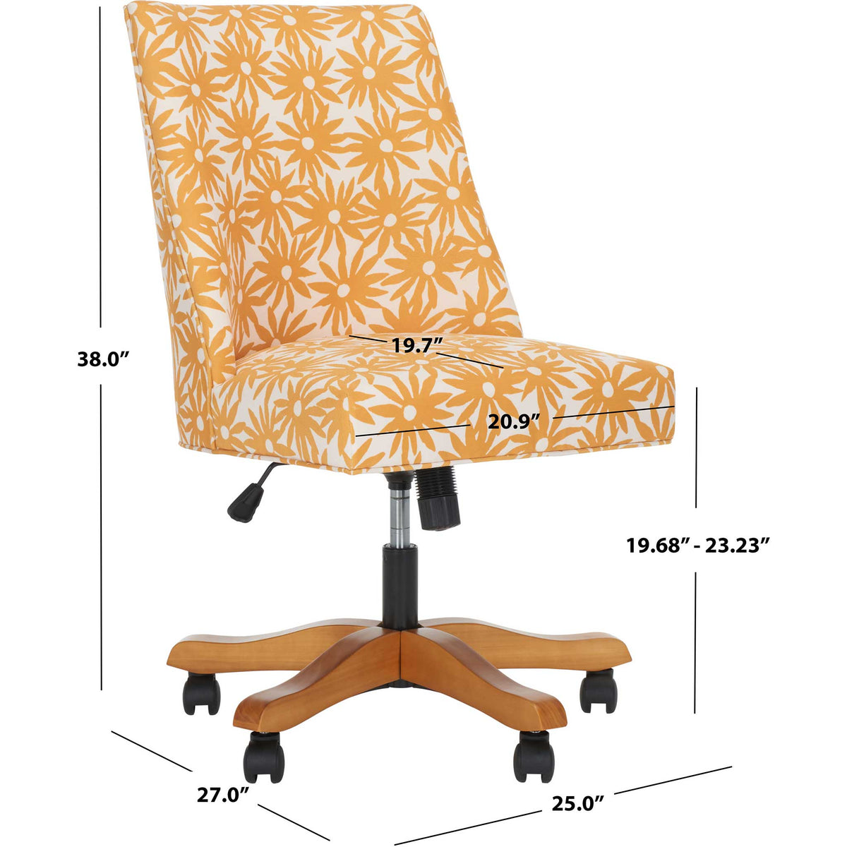 Cushioned desk chair with armless seat, adjustable height, and rolling caster base.