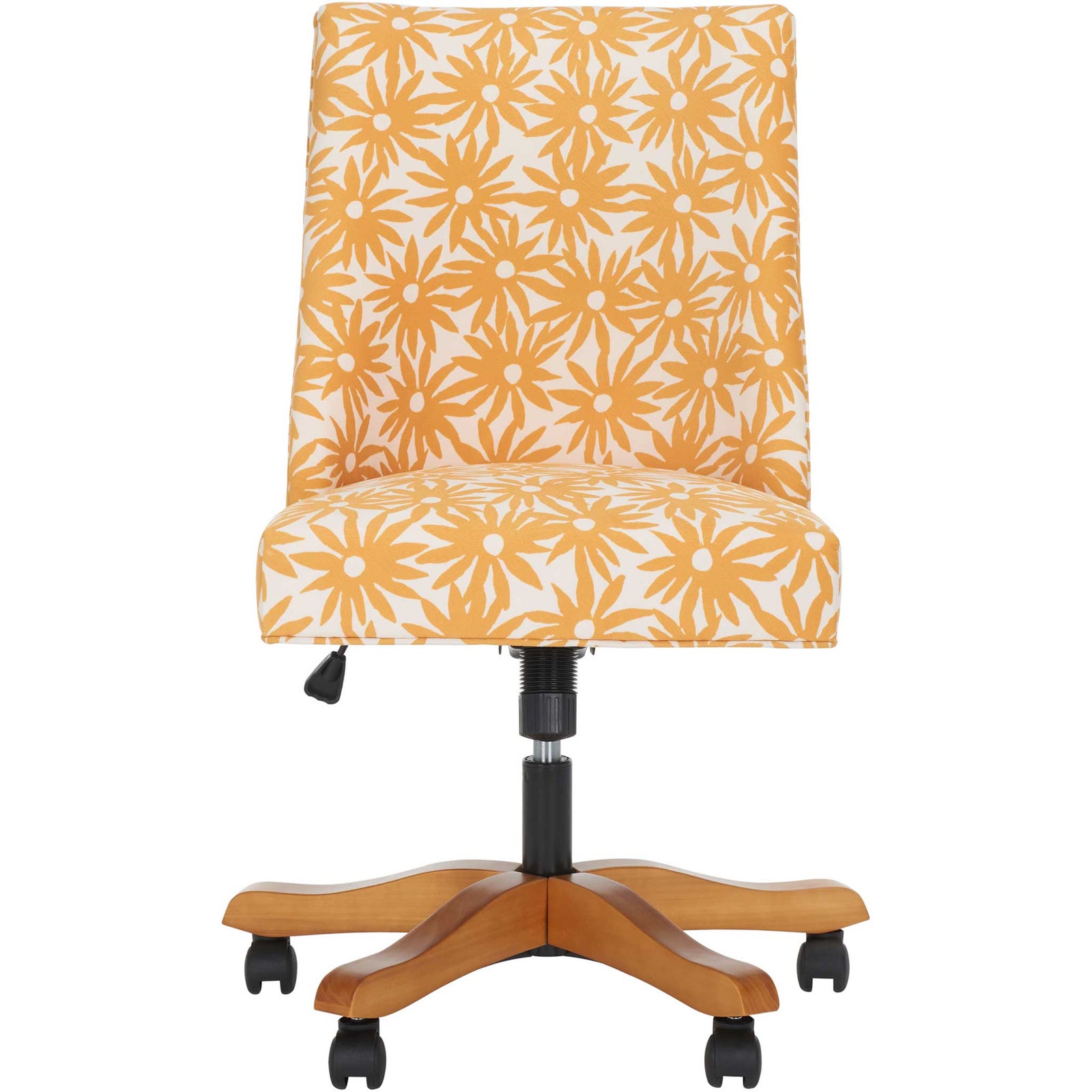 Cheerful yellow floral desk chair with armless silhouette and wood caster base. || MCR1028E || front_studio