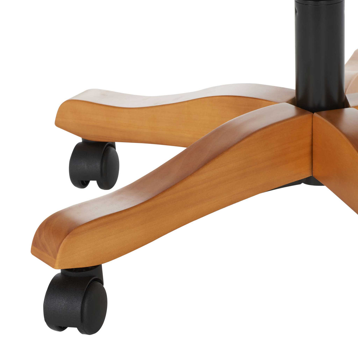 Sturdy five-point wood base with black casters for easy mobility and everyday use.