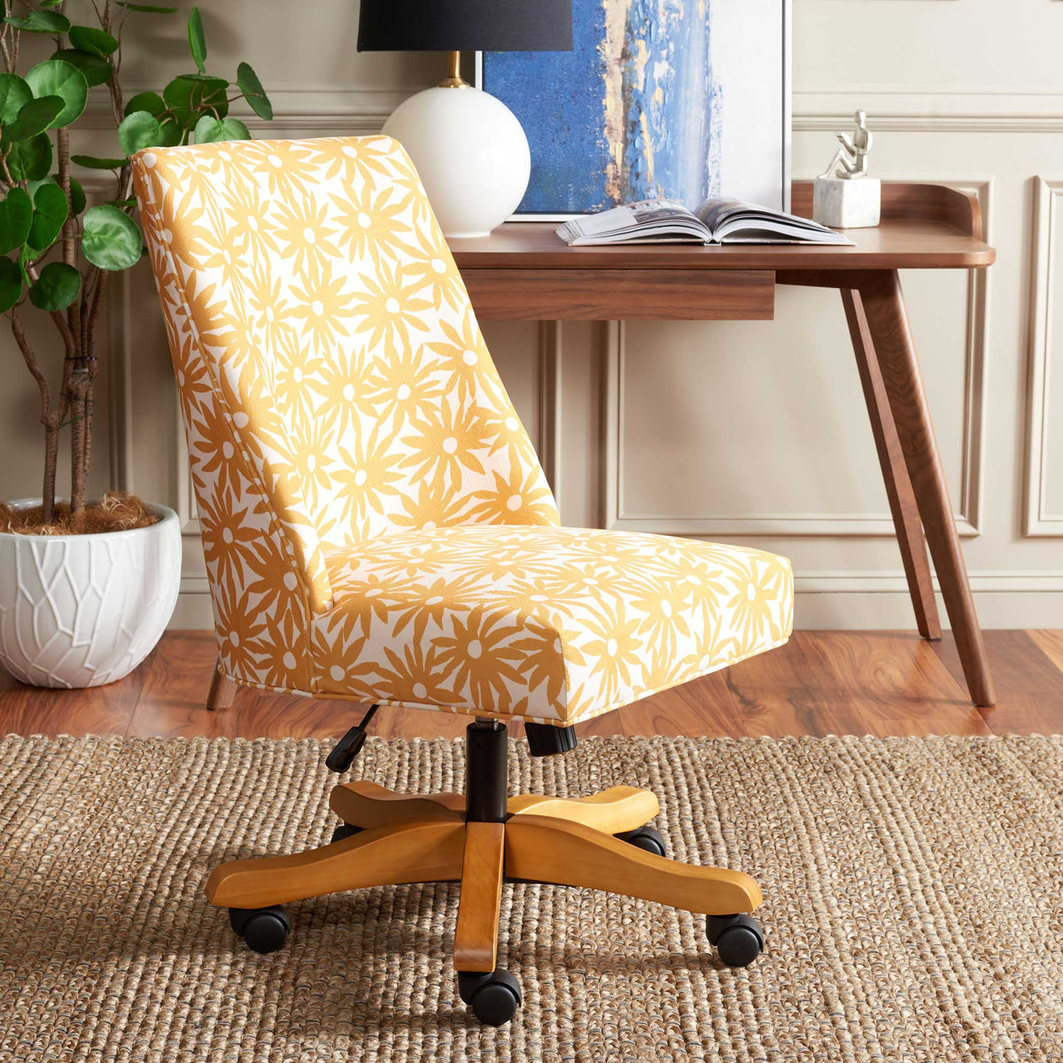 Sunny floral desk chair brightens the workspace with supportive cushioning and smooth-rolling base. || MCR1028E || front_angle_room