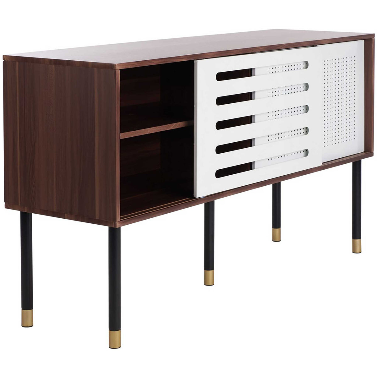Sliding white doors uncover a divided media compartment in the walnut-toned cabinet.