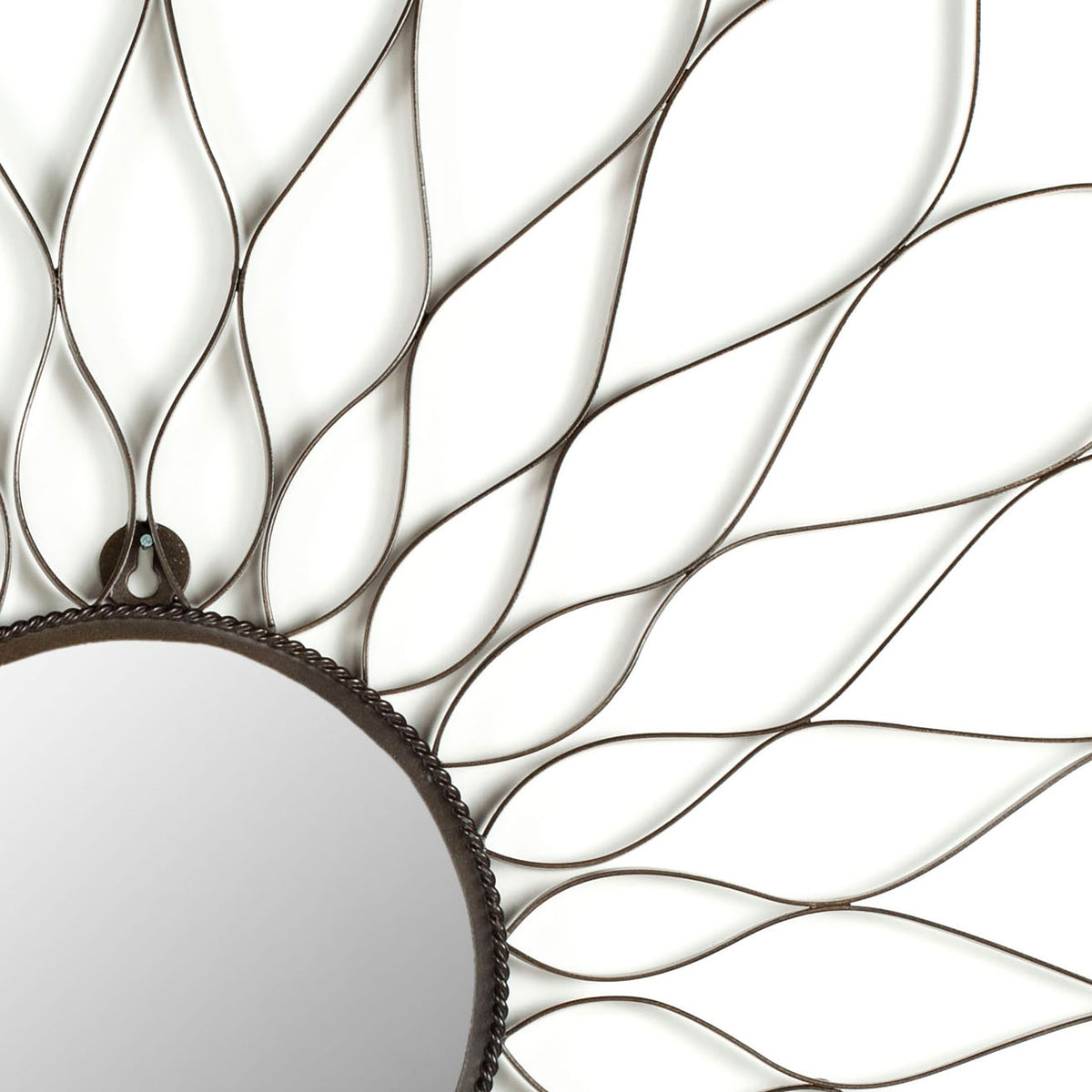 Curved brown iron petals branch from a subtly textured mirror frame. || MIR3000A || detail_studio