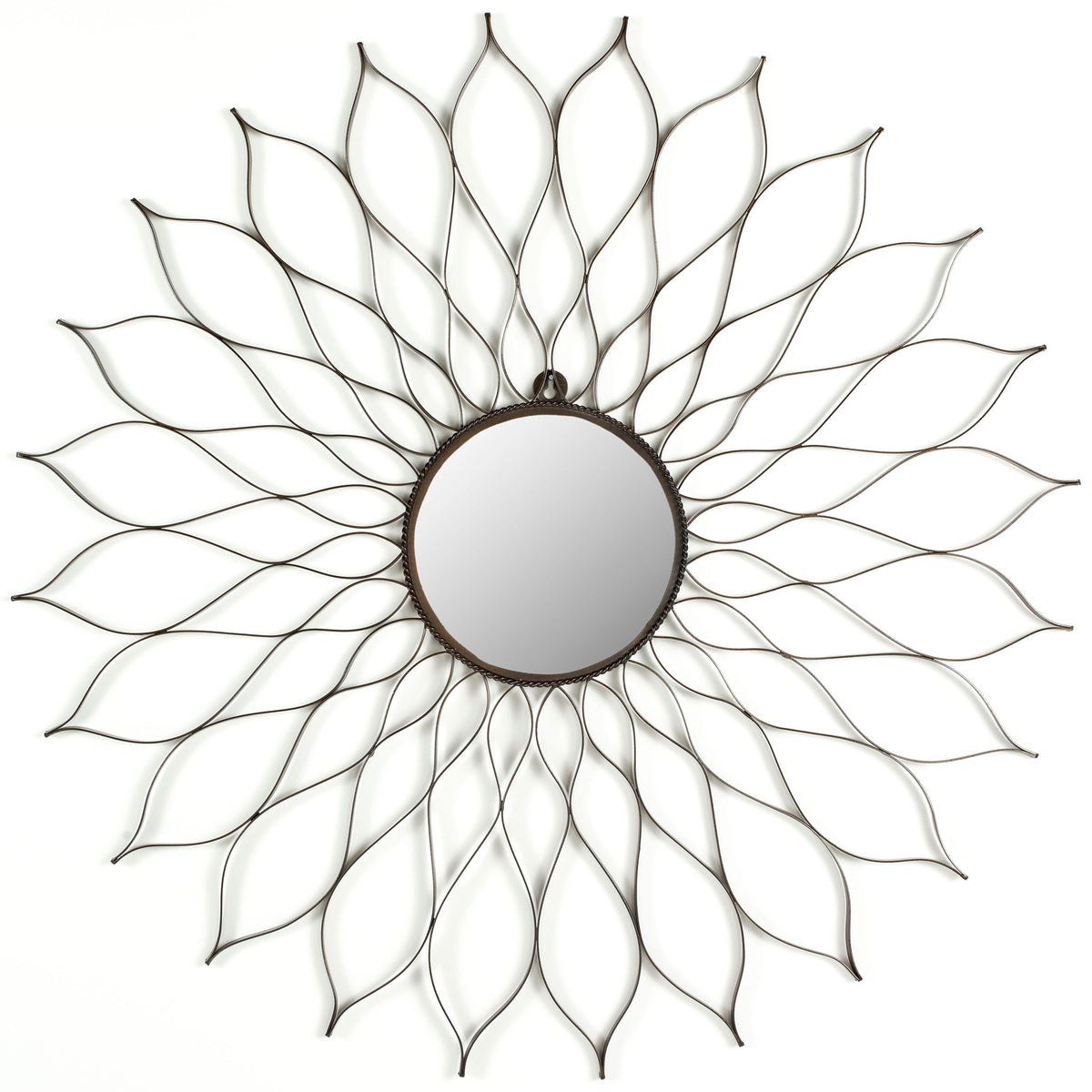 An airy bloom of brown metal petals surrounds a round mirror for an elegant wall accent. || MIR3000A || front_studio