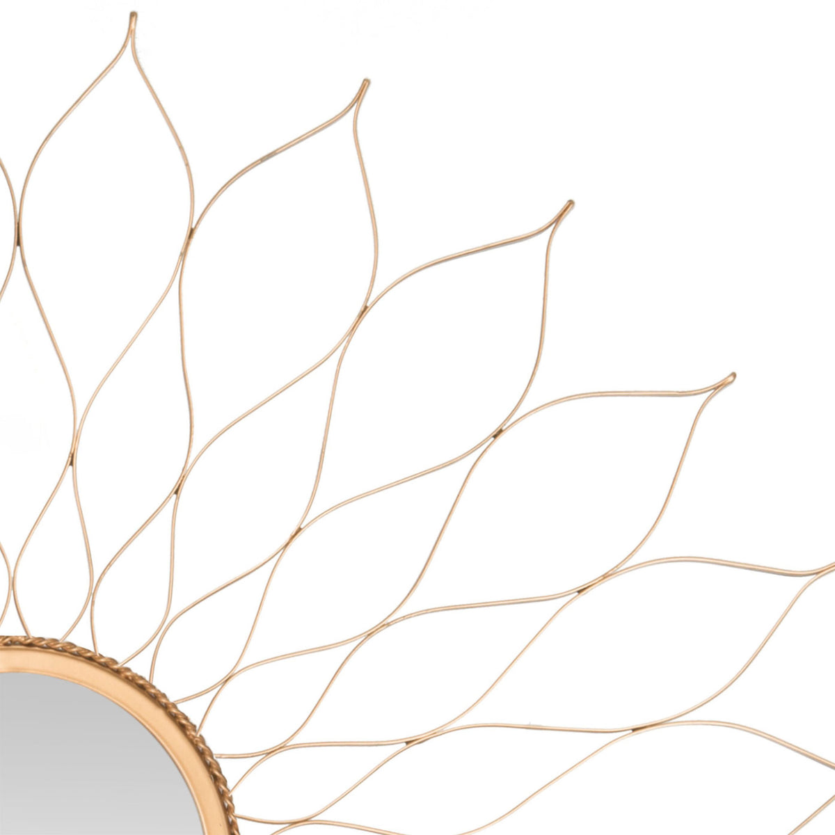 Slender, overlapping gold petals extend from the mirror's textured circular rim.