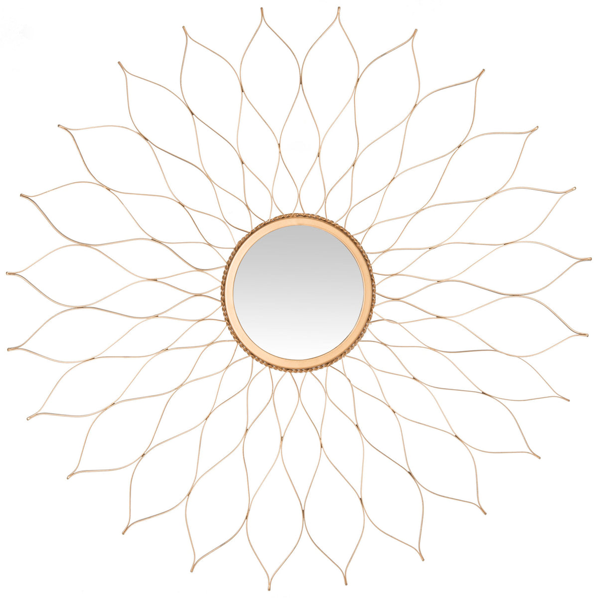 A round mirror framed by gold metal petals creates a light, sculptural floral accent. || MIR3000B || front_studio