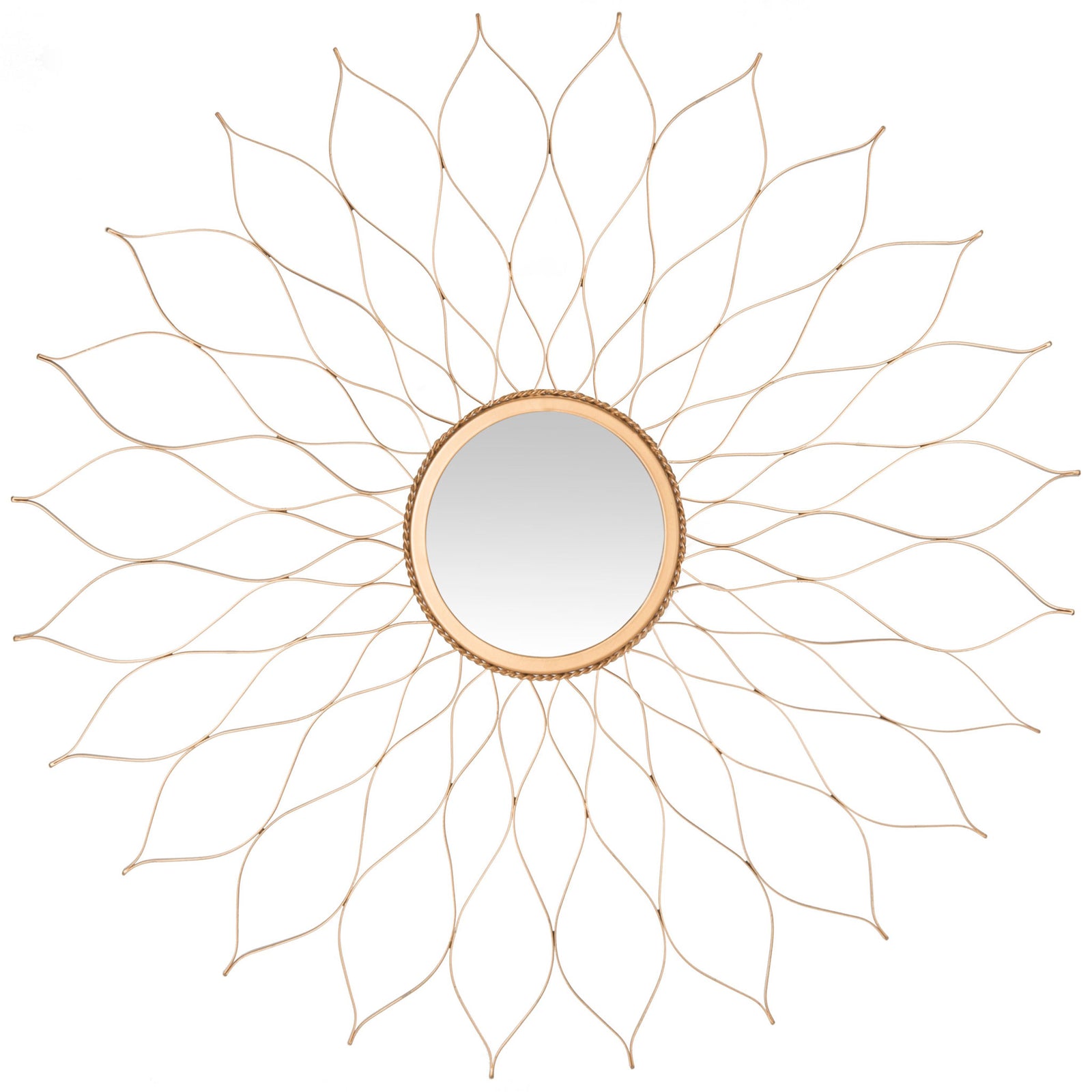 A round mirror framed by gold metal petals creates a light, sculptural floral accent. || MIR3000B || front_studio