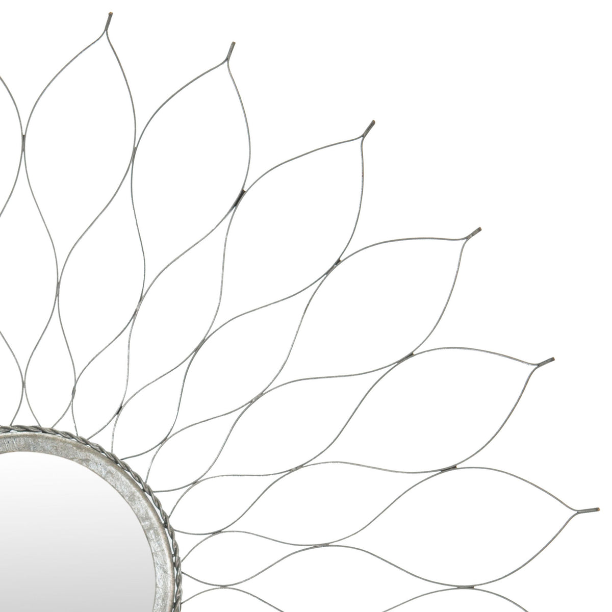 Slim silver petals sweep outward from a softly textured circular mirror frame. || MIR3000C || detail_studio