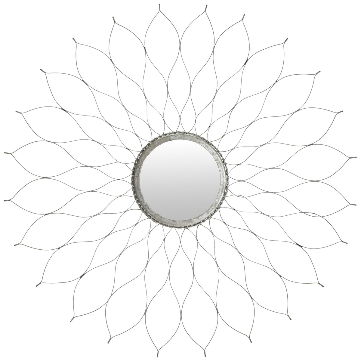 A round mirror radiates silver metal petals in a delicate, openwork floral design. || MIR3000C || front_studio