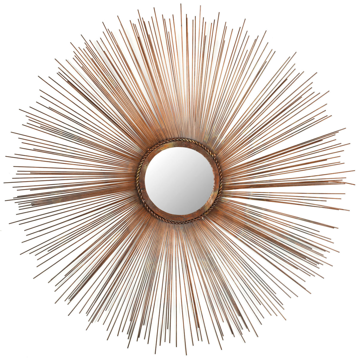 Copper sunburst mirror with a round glass center and a halo of fine iron rays || MIR3002A || front_studio
