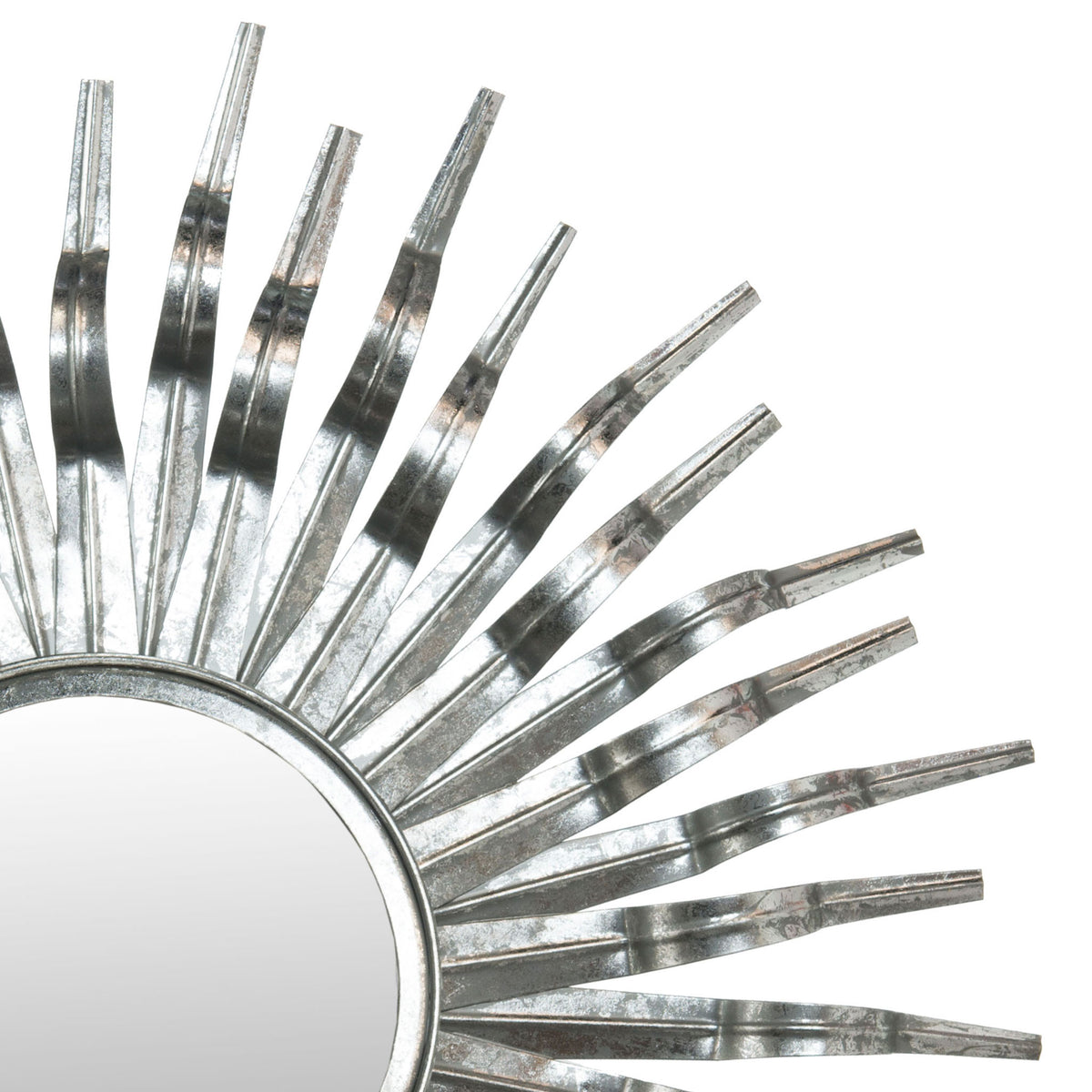 Antiqued silver finish catches the light across bent metal rays encircling the mirror || MIR3007C || detail_studio