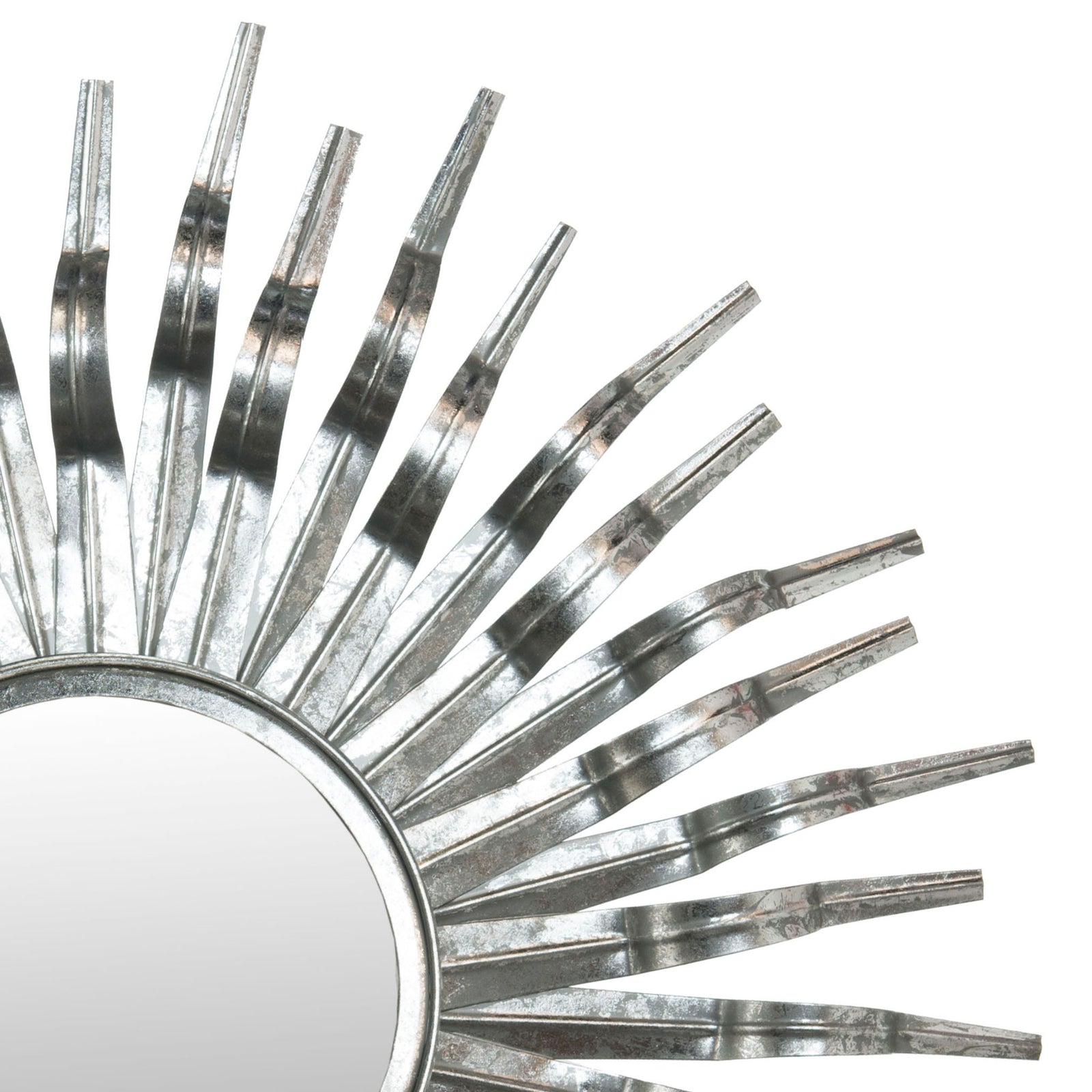 Antiqued silver finish catches the light across bent metal rays encircling the mirror || MIR3007C || detail_studio
