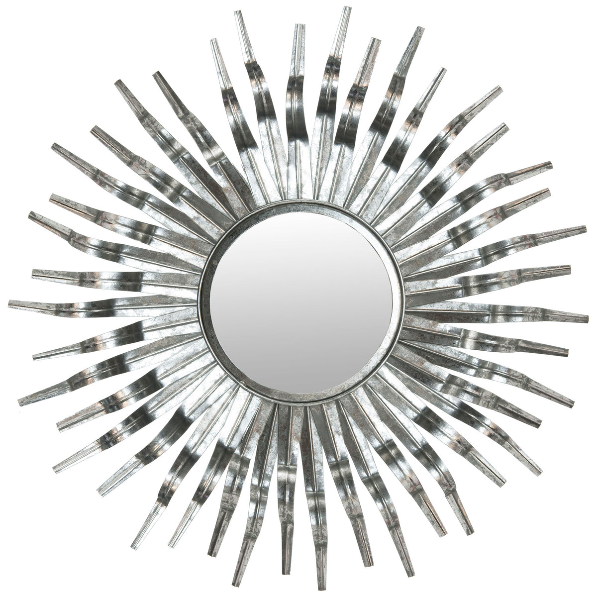 Silver sunburst mirror with a round glass center and bold, tapered metal rays || MIR3007C || front_studio