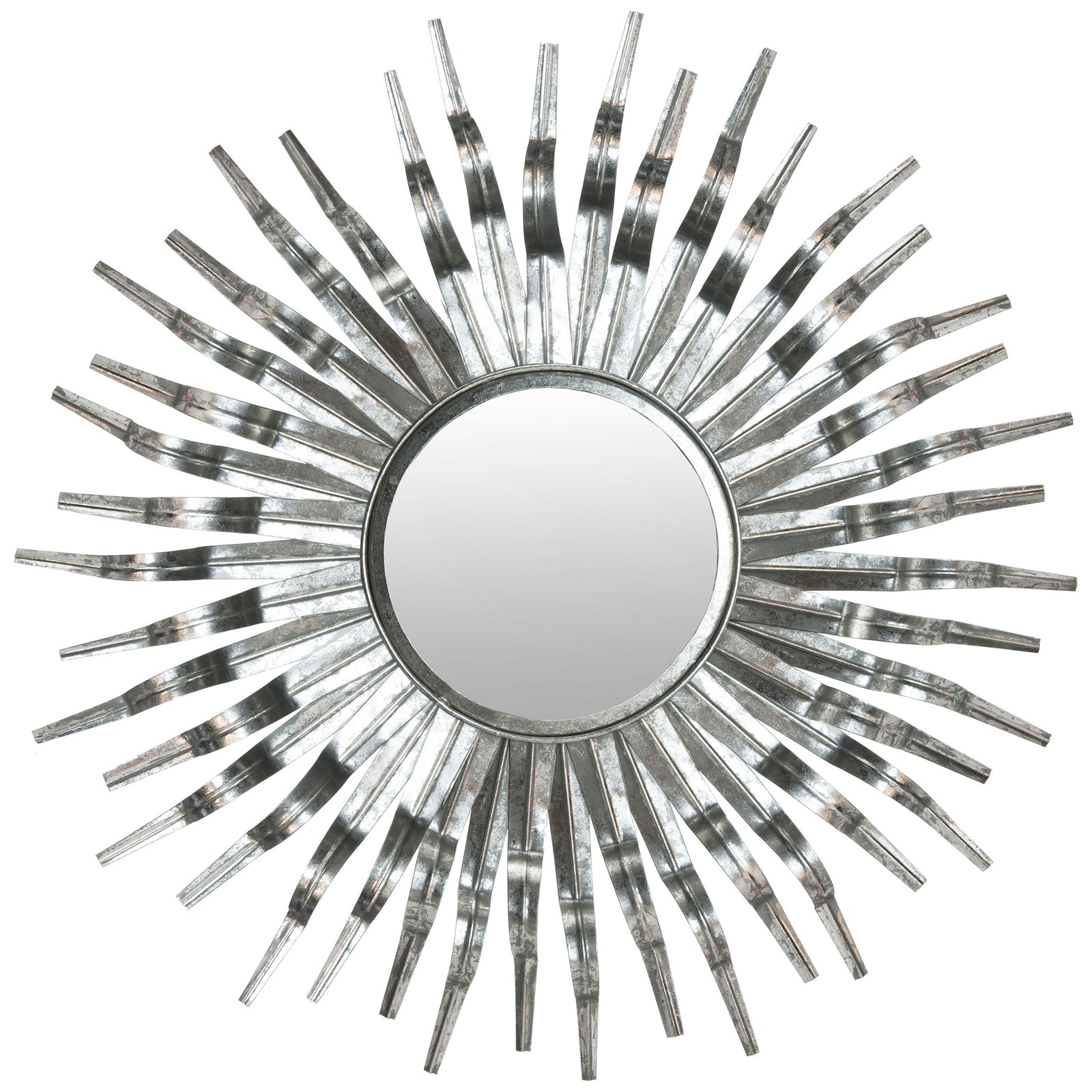 Silver sunburst mirror with a round glass center and bold, tapered metal rays || MIR3007C || front_studio