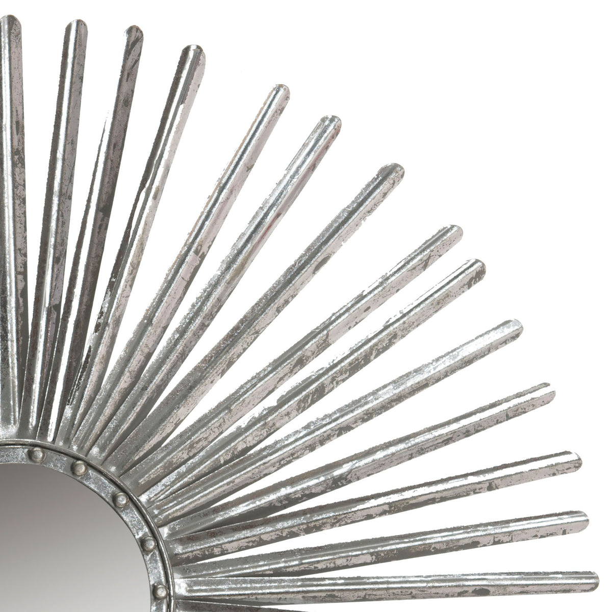 Textured silver rays extend from a studded ring bordering the round mirror. || MIR3011B || detail_studio