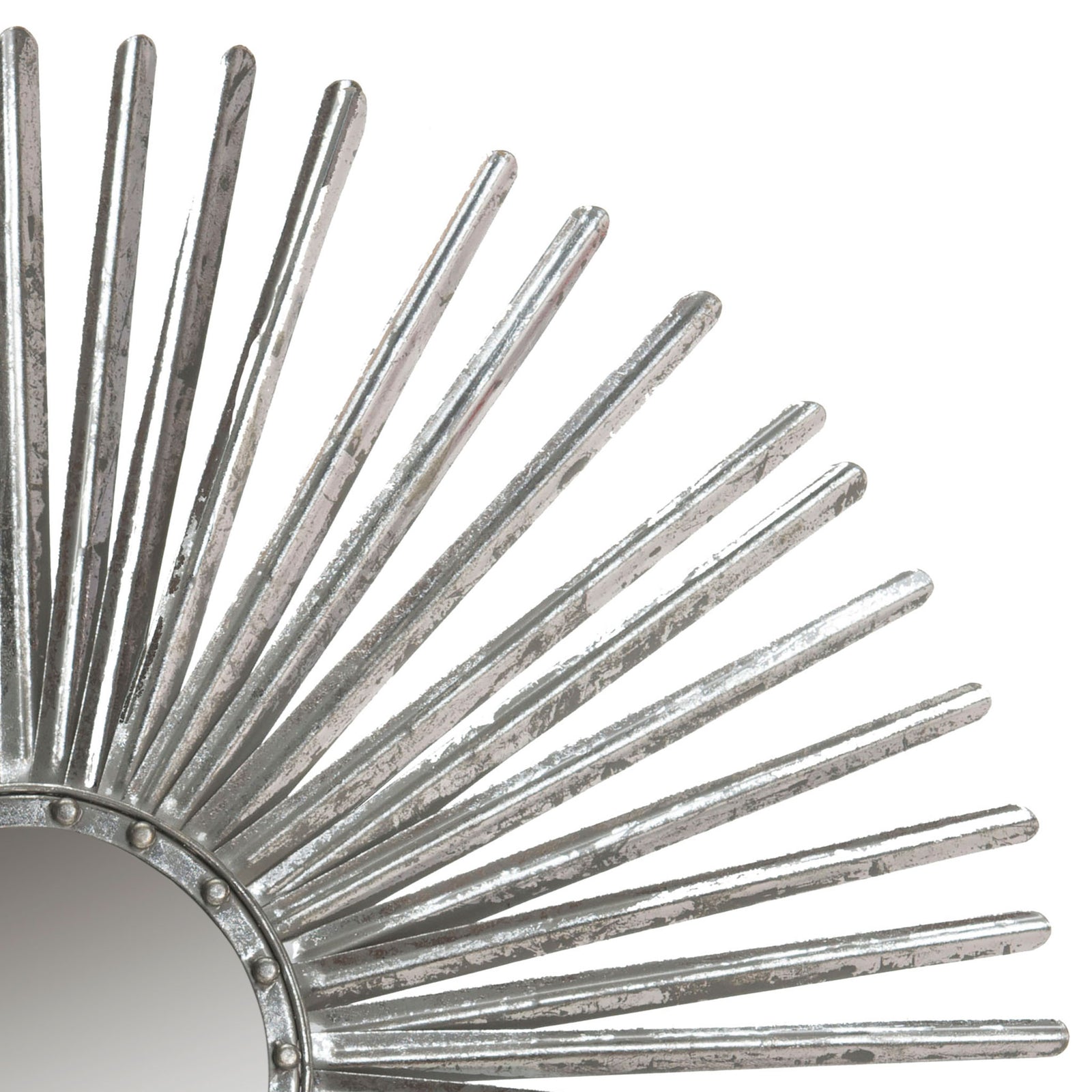 Textured silver rays extend from a studded ring bordering the round mirror. || MIR3011B || detail_studio