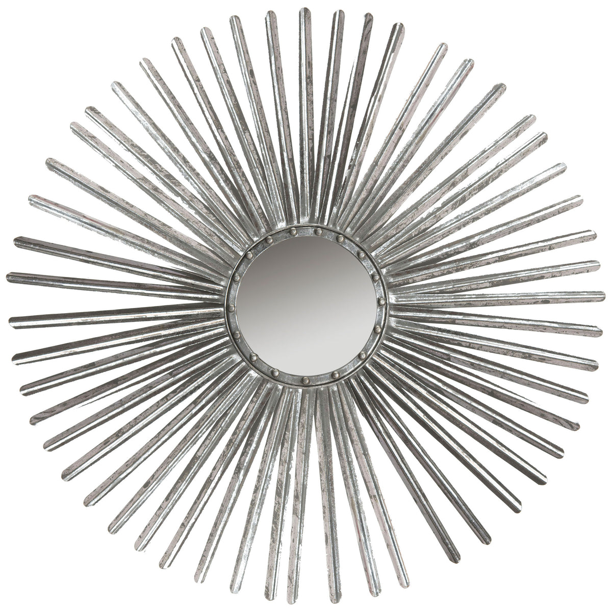 A round mirror encircled by slender silver rays forms a radiant sunburst. || MIR3011B || front_studio