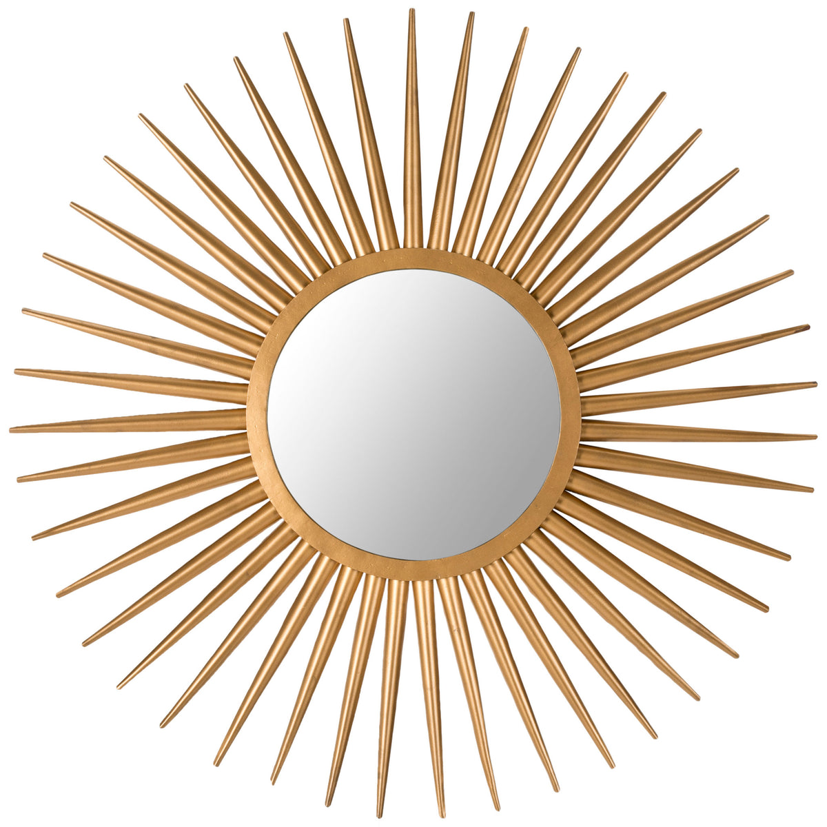 Round gold mirror with a reflective center and finely tapered sunburst rays || MIR4000A || front_studio