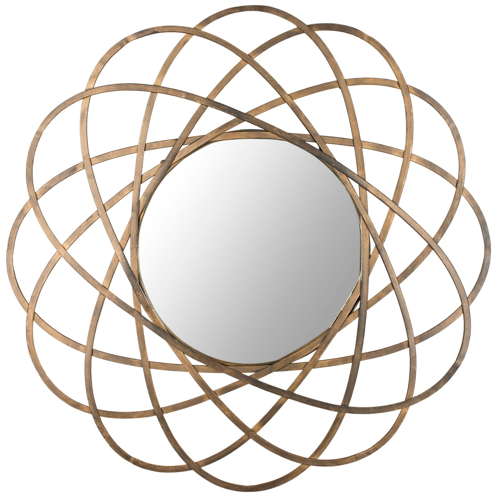 Round mirror with an airy, interwoven antique gold iron frame || MIR4005A || front_studio