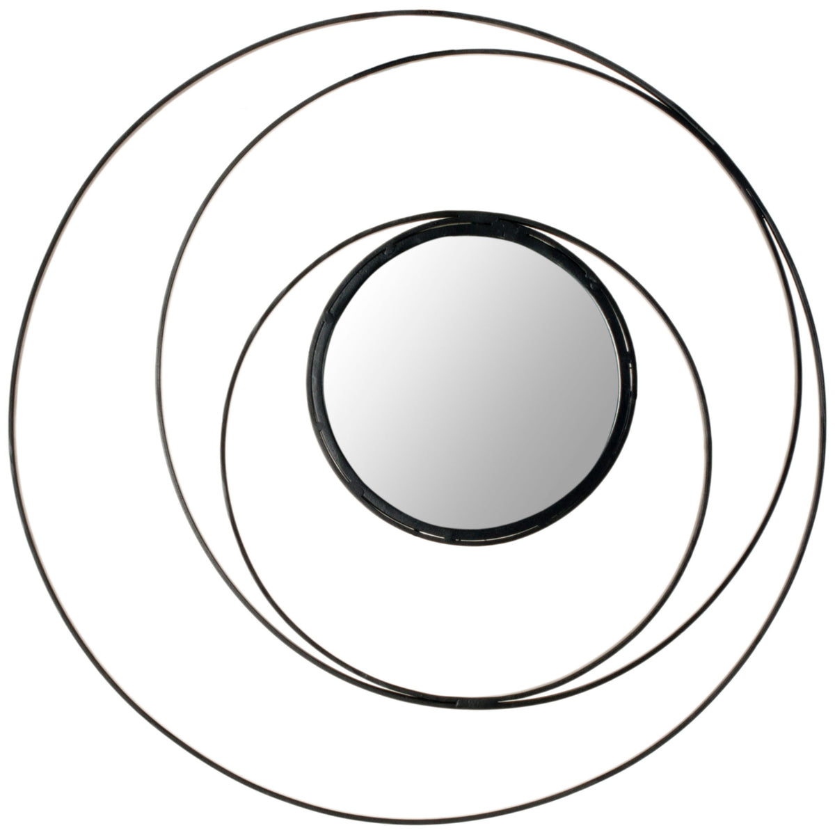 Four black rings frame a round mirror in a sleek, sculptural design || MIR4012A || front_studio