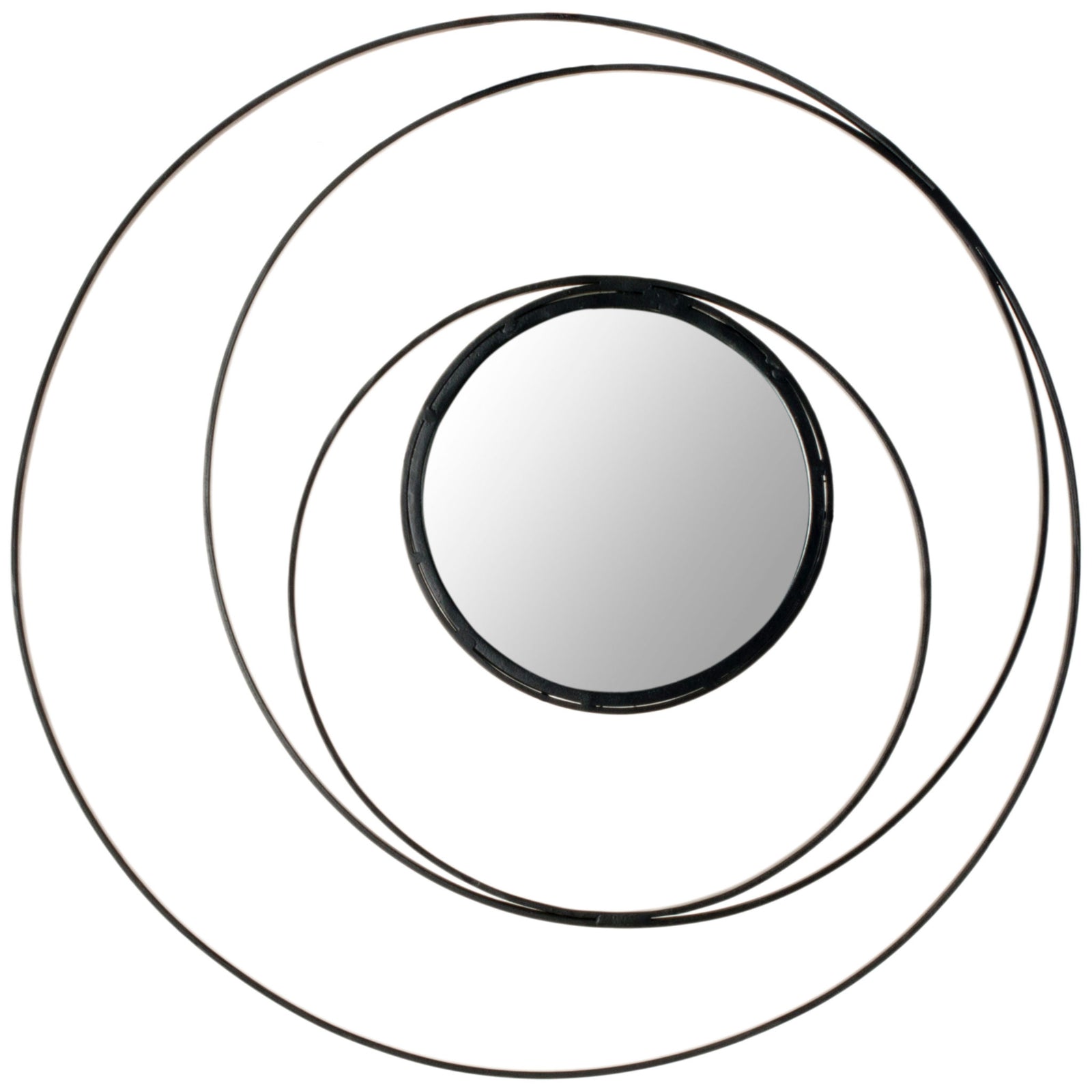 Four black rings frame a round mirror in a sleek, sculptural design || MIR4012A || front_studio