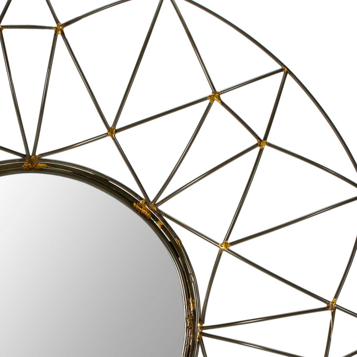 Fine bronze-toned rods meet at golden joints, forming an airy geometric frame around the mirror. || MIR4015A || detail_studio